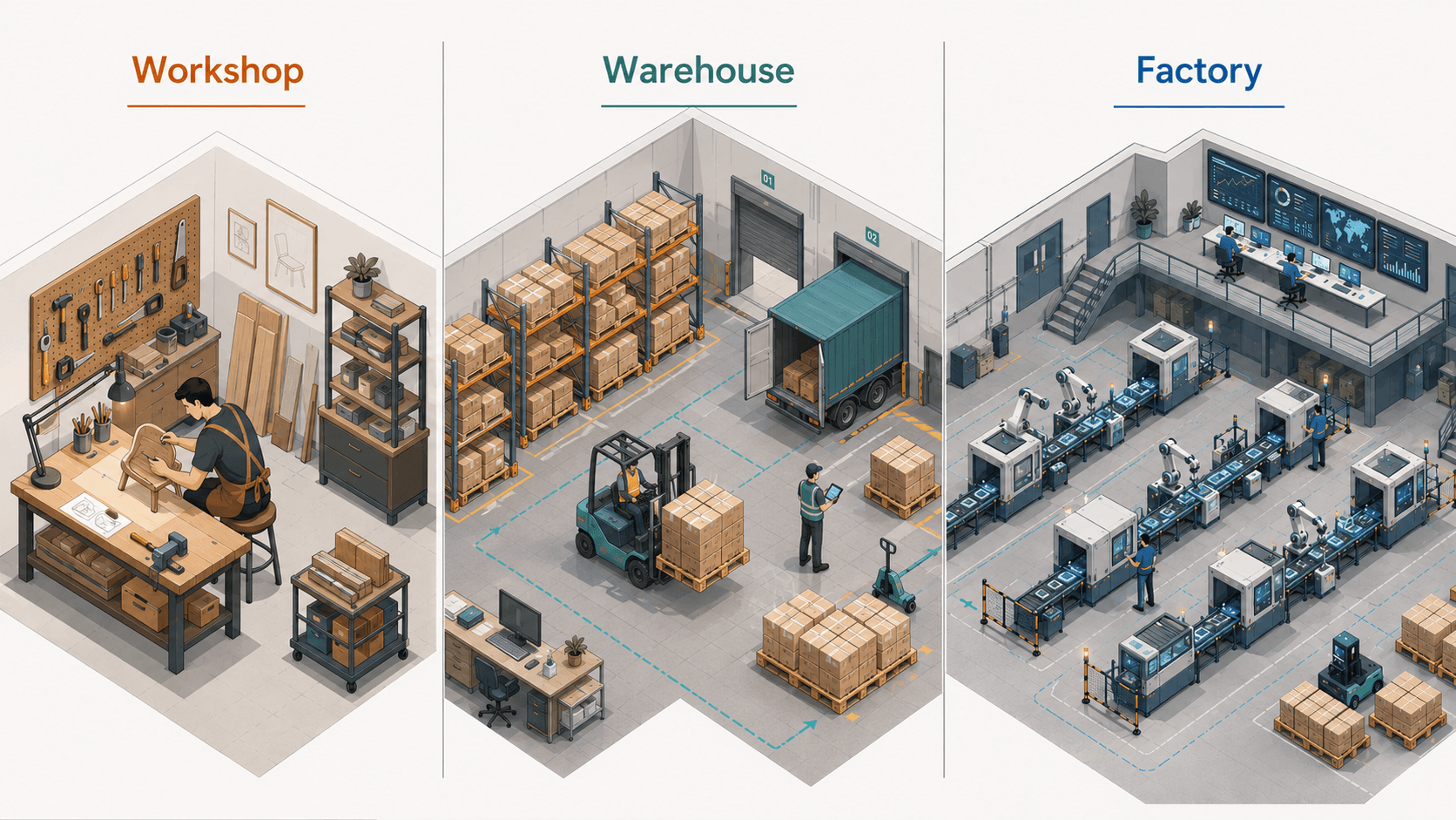 Three different operations side by side: a Workshop for single-craft work, a Warehouse for orchestration, and a Factory for orderly repeating operation at scale